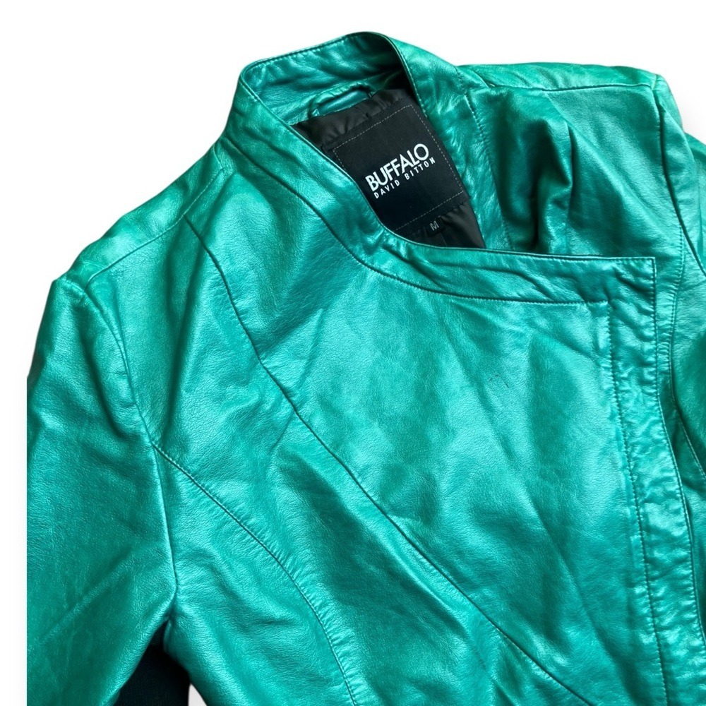Buffalo David Bitton Faux Leather Moto Jacket Teal Black Asymmetrical Zip Size M - Picture 3 of 3